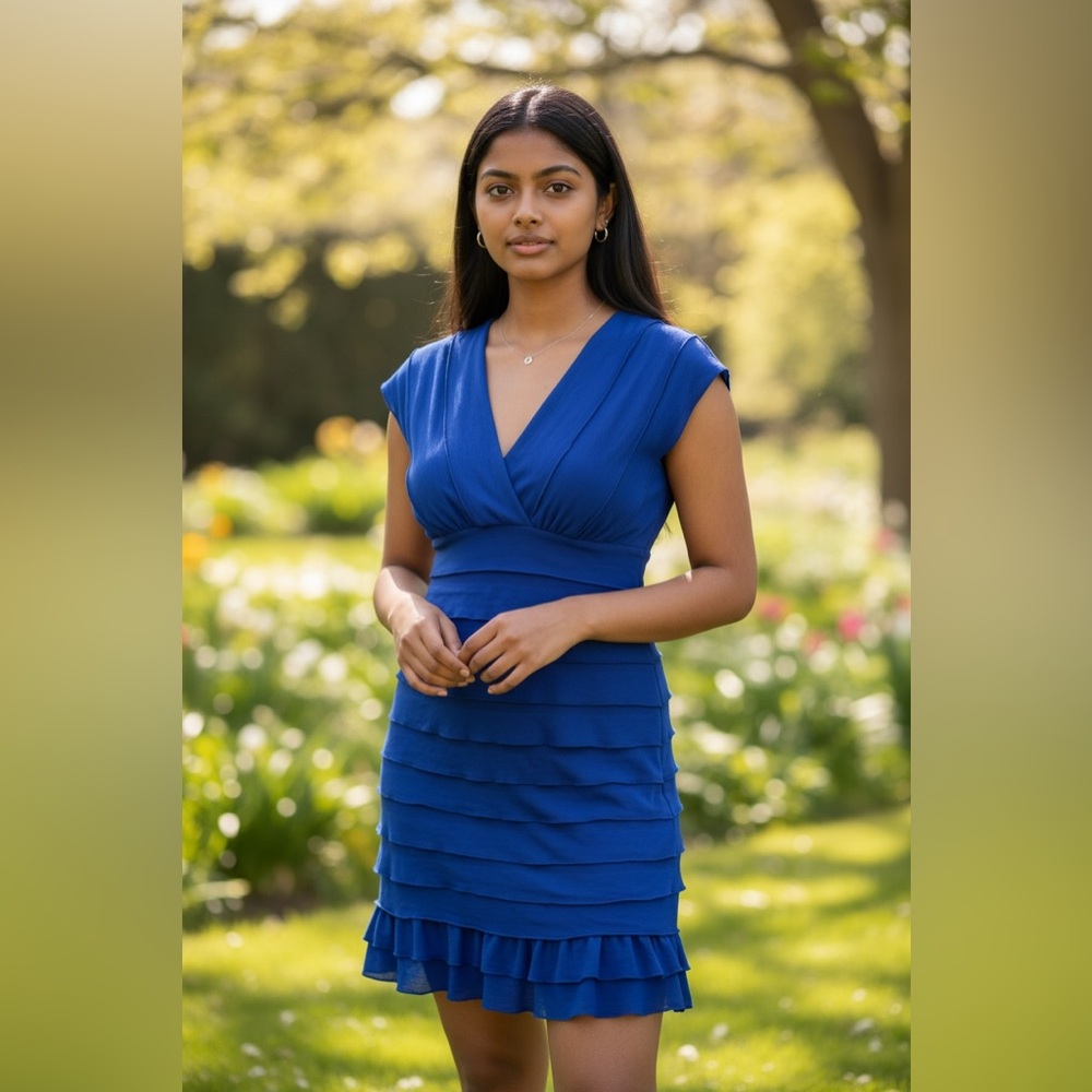 Max Studio Royal Blue Knit Layered Cocktail Dress V Neckline Size Small